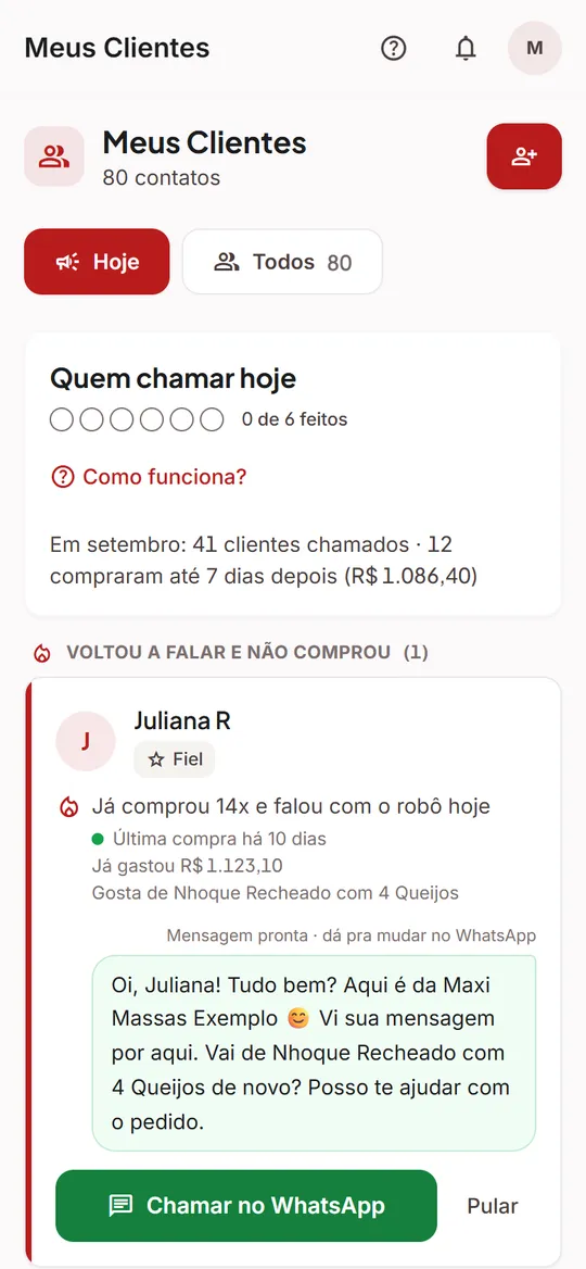 Tela de clientes com quem chamar hoje e a mensagem de WhatsApp já pronta