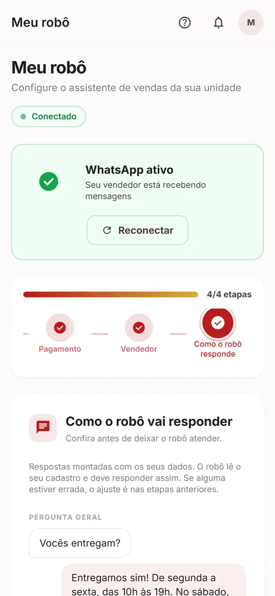 Tela do robô de atendimento conectado ao WhatsApp, com as respostas que ele vai dar